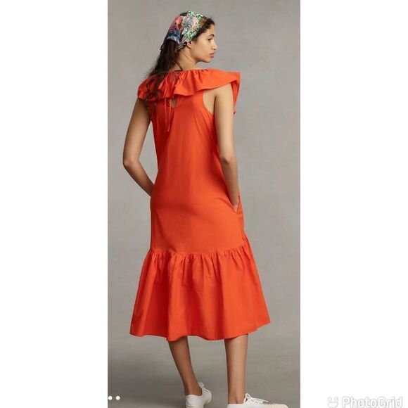 NEW WHIT TWO Anthropologie Flouncy Ruffle Midi Dress Orange XS Petite - Picture 3 of 15
